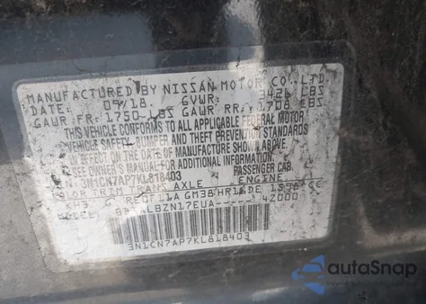 2019 Nissan Versa 1.6 Sv z USA, uszkodzony, nr VIN 3N1CN7AP7KL818403